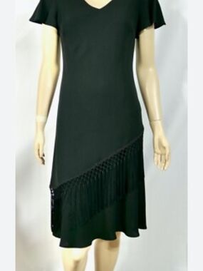 S.L. Fashions Black Asymmetrical Fringe Midi Dress VINTAGE